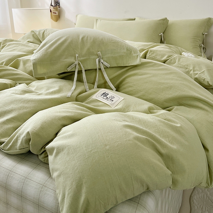 91家纺网 家纺一手货源 找家纺 麦朵家居 2026色织全棉水洗棉四件套简约系列无印风床笠单被套长绒棉套件 简约-绿