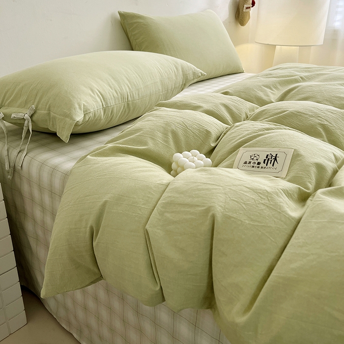 91家纺网 家纺一手货源 找家纺 麦朵家居 2026色织全棉水洗棉四件套简约系列无印风床笠单被套长绒棉套件 简约-绿