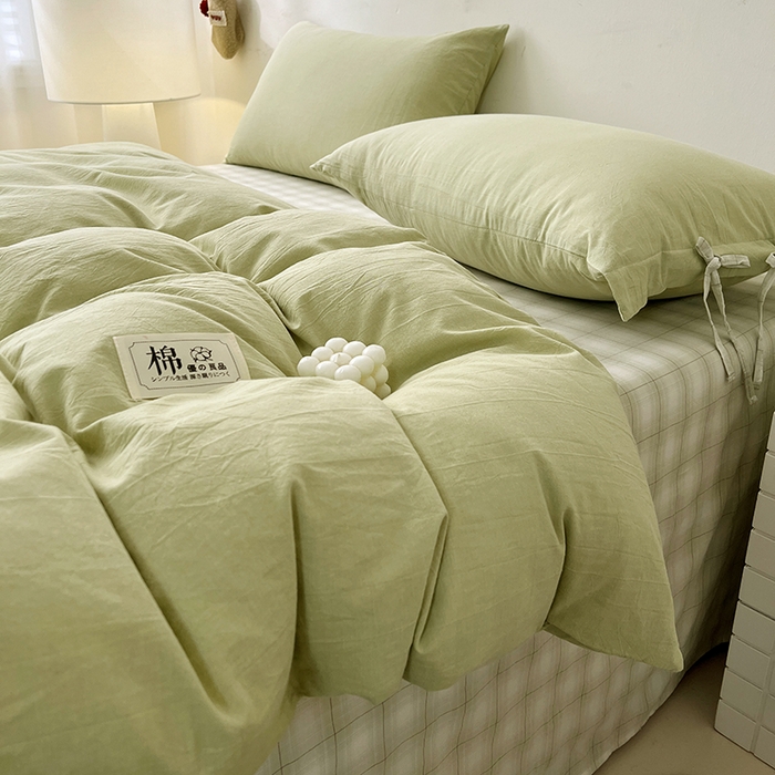 91家纺网 家纺一手货源 找家纺 麦朵家居 2026色织全棉水洗棉四件套简约系列无印风床笠单被套长绒棉套件 简约-绿