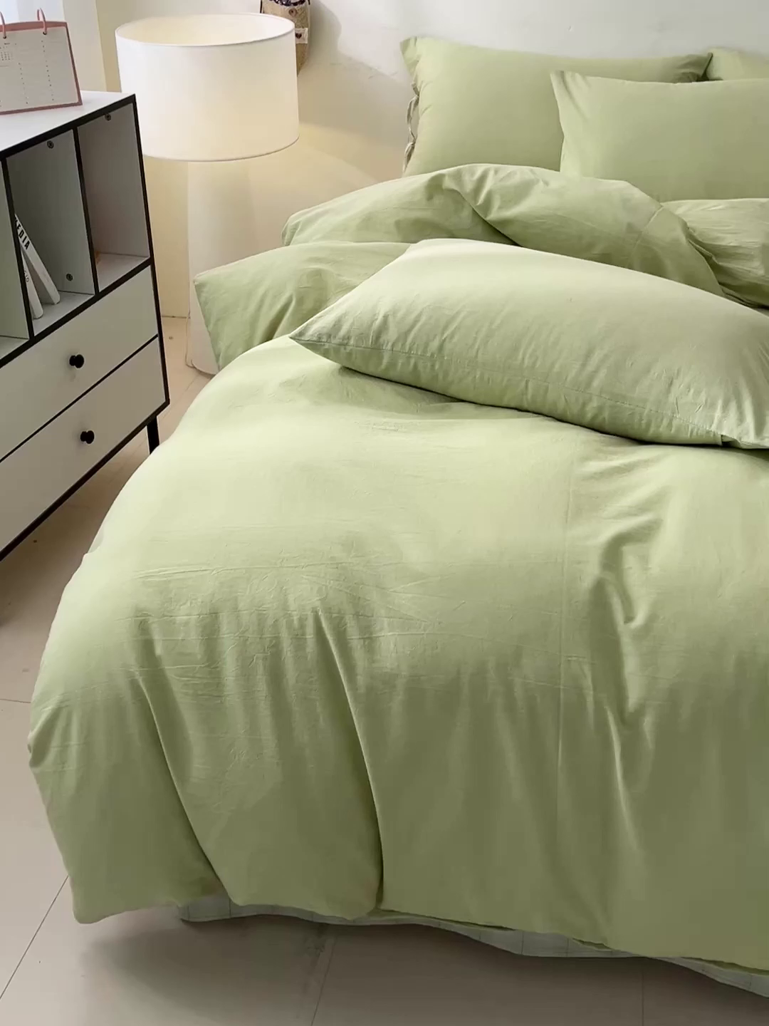 91家纺网 家纺一手货源 找家纺 麦朵家居 2026色织全棉水洗棉四件套简约系列无印风床笠单被套长绒棉套件 简约-绿