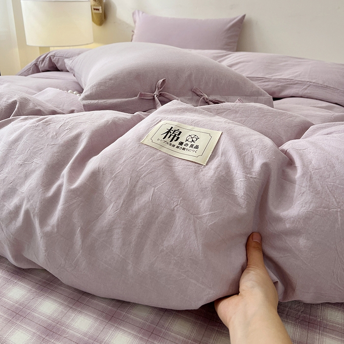 91家纺网 家纺一手货源 找家纺 麦朵家居 2026色织全棉水洗棉四件套简约系列无印风床笠单被套长绒棉套件 简约-紫