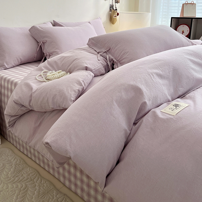 91家纺网 家纺一手货源 找家纺 麦朵家居 2026色织全棉水洗棉四件套简约系列无印风床笠单被套长绒棉套件 简约-紫