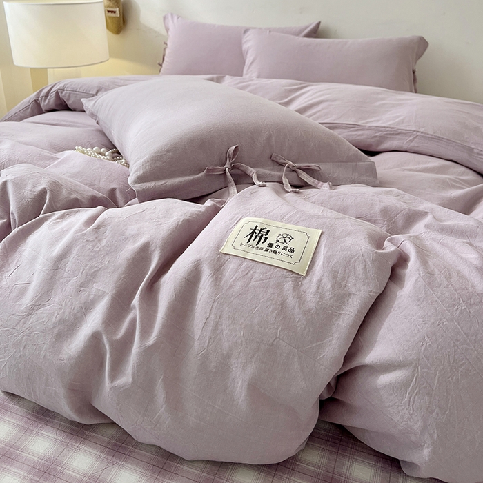 91家纺网 家纺一手货源 找家纺 麦朵家居 2026色织全棉水洗棉四件套简约系列无印风床笠单被套长绒棉套件 简约-紫