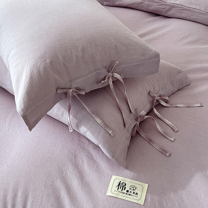 91家纺网 家纺一手货源 找家纺 麦朵家居 2026色织全棉水洗棉四件套简约系列无印风床笠单被套长绒棉套件 简约-紫