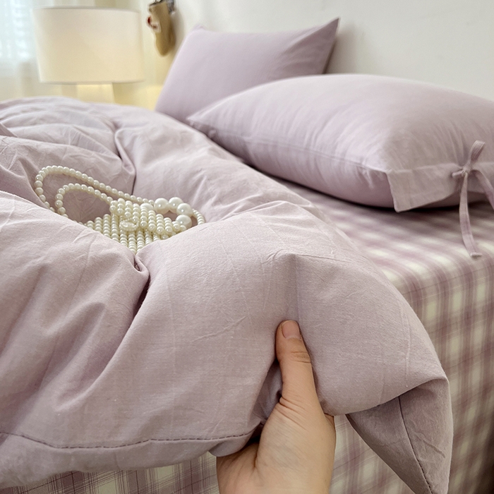 91家纺网 家纺一手货源 找家纺 麦朵家居 2026色织全棉水洗棉四件套简约系列无印风床笠单被套长绒棉套件 简约-紫