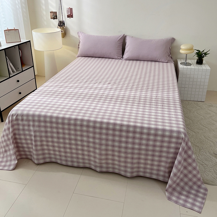 91家纺网 家纺一手货源 找家纺 麦朵家居 2026色织全棉水洗棉四件套简约系列无印风床笠单被套长绒棉套件 简约-紫