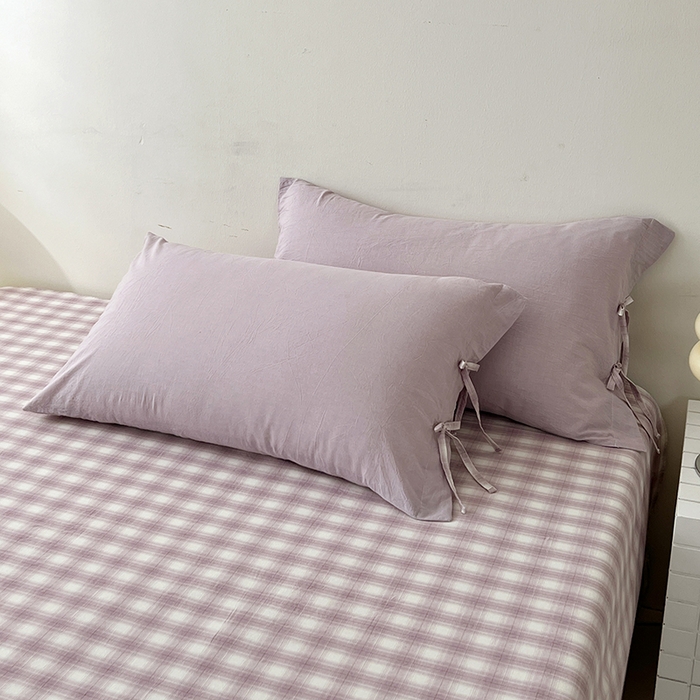 91家纺网 家纺一手货源 找家纺 麦朵家居 2026色织全棉水洗棉四件套简约系列无印风床笠单被套长绒棉套件 简约-紫