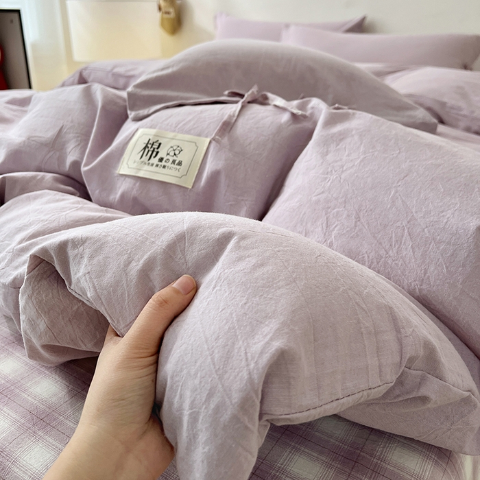 91家纺网 家纺一手货源 找家纺 麦朵家居 2026色织全棉水洗棉四件套简约系列无印风床笠单被套长绒棉套件 简约-紫