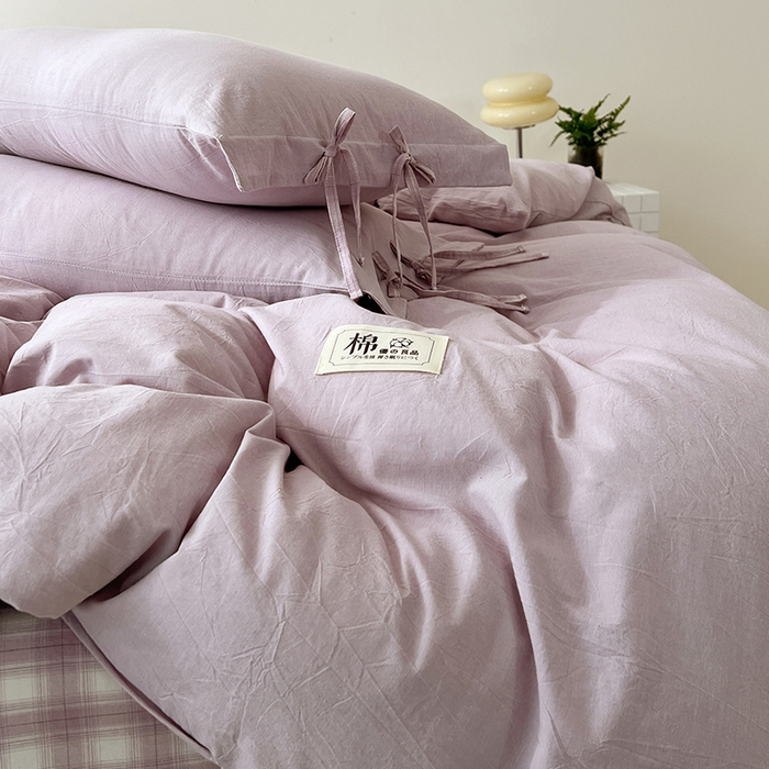 91家纺网 家纺一手货源 找家纺 麦朵家居 2026色织全棉水洗棉四件套简约系列无印风床笠单被套长绒棉套件 简约-紫