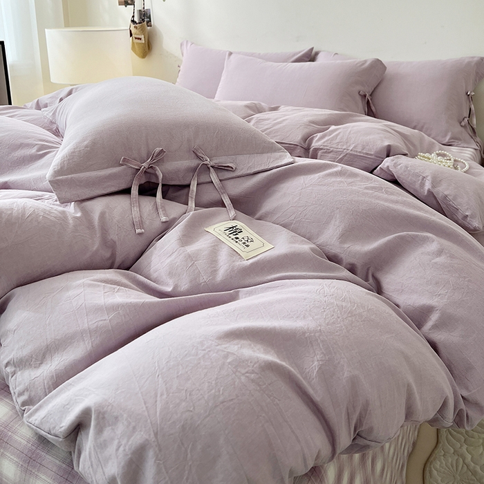 91家纺网 家纺一手货源 找家纺 麦朵家居 2026色织全棉水洗棉四件套简约系列无印风床笠单被套长绒棉套件 简约-紫