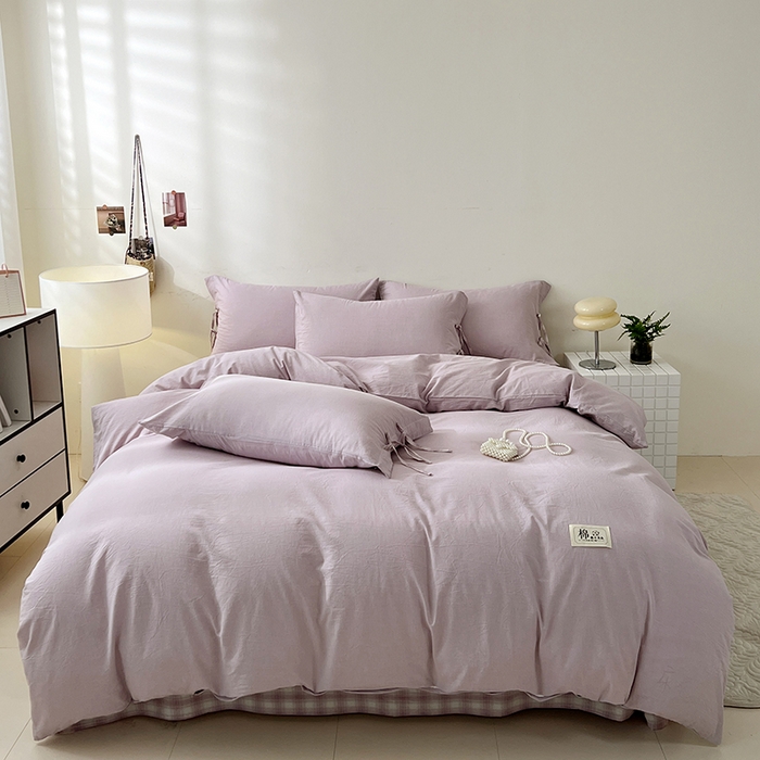 91家纺网 家纺一手货源 找家纺 麦朵家居 2026色织全棉水洗棉四件套简约系列无印风床笠单被套长绒棉套件 简约-紫