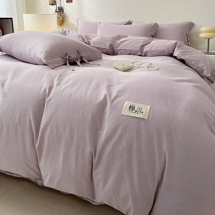 91家纺网 家纺一手货源 找家纺 麦朵家居 2026色织全棉水洗棉四件套简约系列无印风床笠单被套长绒棉套件 简约-紫
