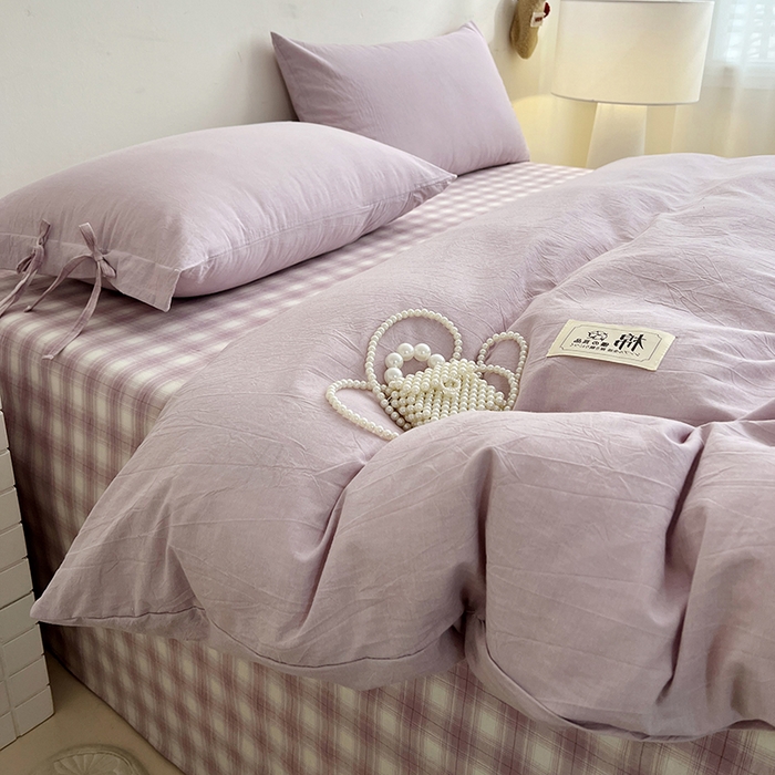 91家纺网 家纺一手货源 找家纺 麦朵家居 2026色织全棉水洗棉四件套简约系列无印风床笠单被套长绒棉套件 简约-紫