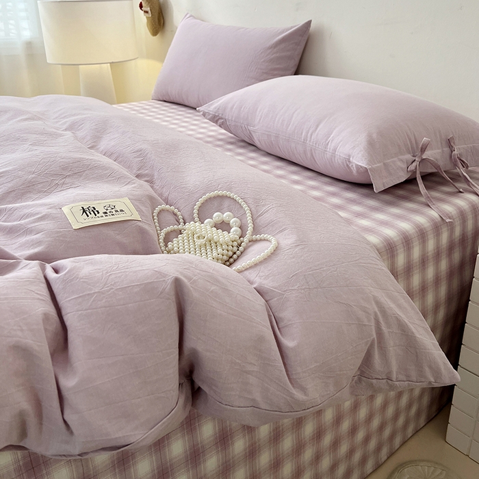 91家纺网 家纺一手货源 找家纺 麦朵家居 2026色织全棉水洗棉四件套简约系列无印风床笠单被套长绒棉套件 简约-紫