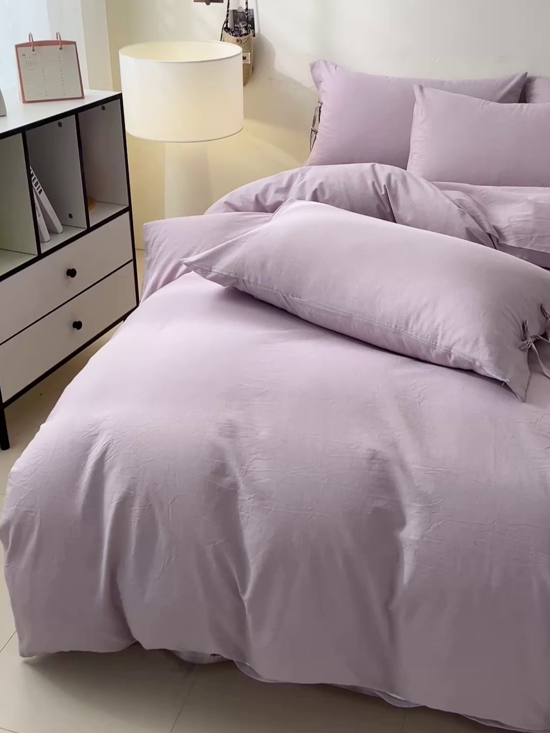 91家纺网 家纺一手货源 找家纺 麦朵家居 2026色织全棉水洗棉四件套简约系列无印风床笠单被套长绒棉套件 简约-紫