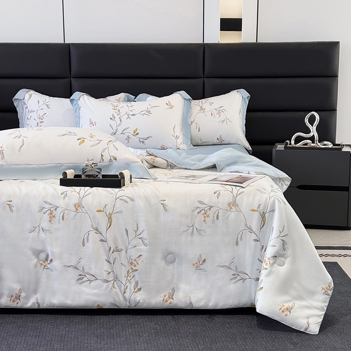 91家纺网 家纺一手货源 找家纺 玉相逢 2026春夏新款莱赛尔天丝夏被嵌绳款数码印花单夏被夏被四件套 清雅