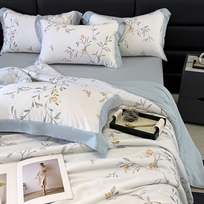 91家纺网 家纺一手货源 找家纺 玉相逢 2026春夏新款莱赛尔天丝夏被嵌绳款数码印花单夏被夏被四件套 清雅