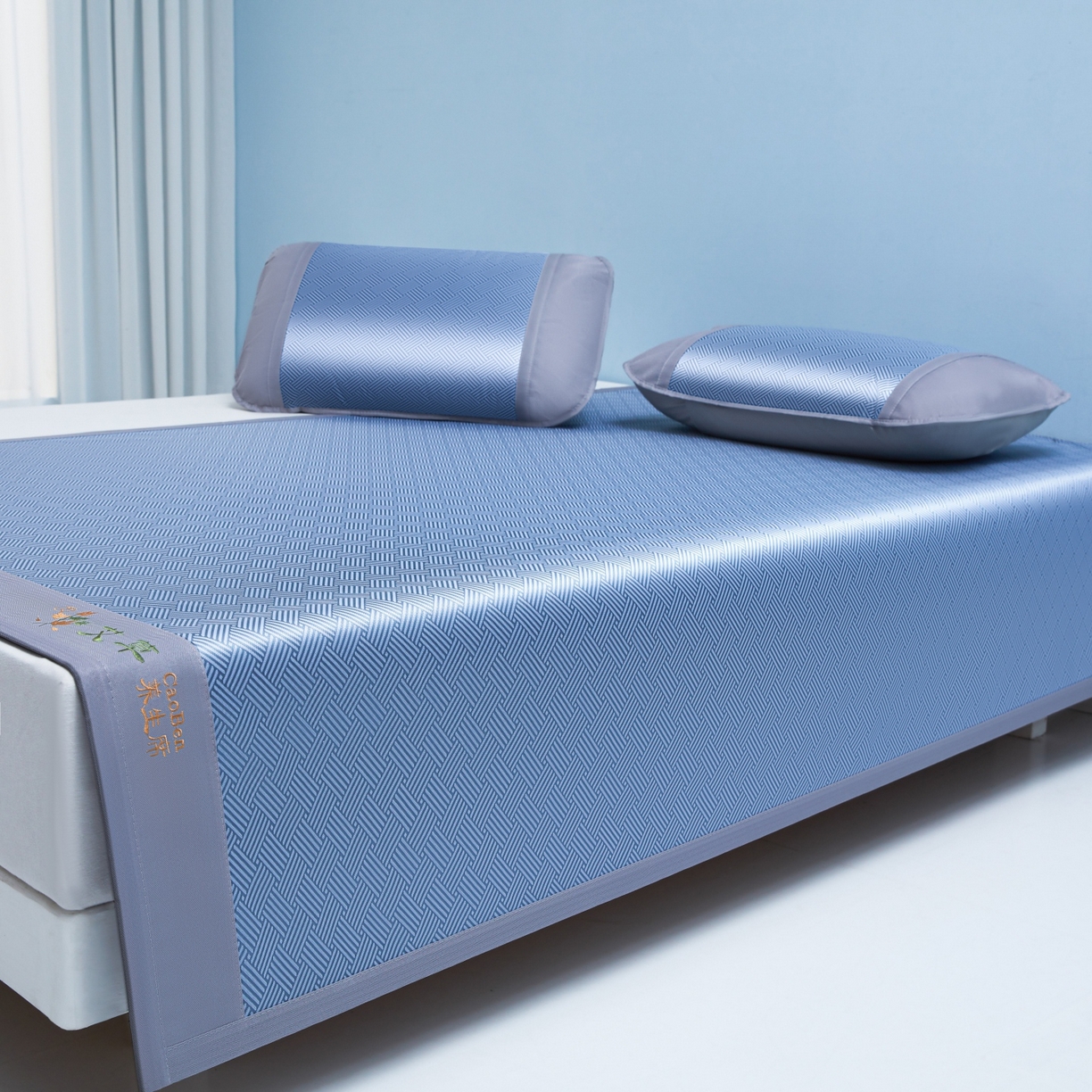 91家纺网 家纺一手货源 找家纺 席匠 2026新款粗冰丝饼干凉席席子 蓝色