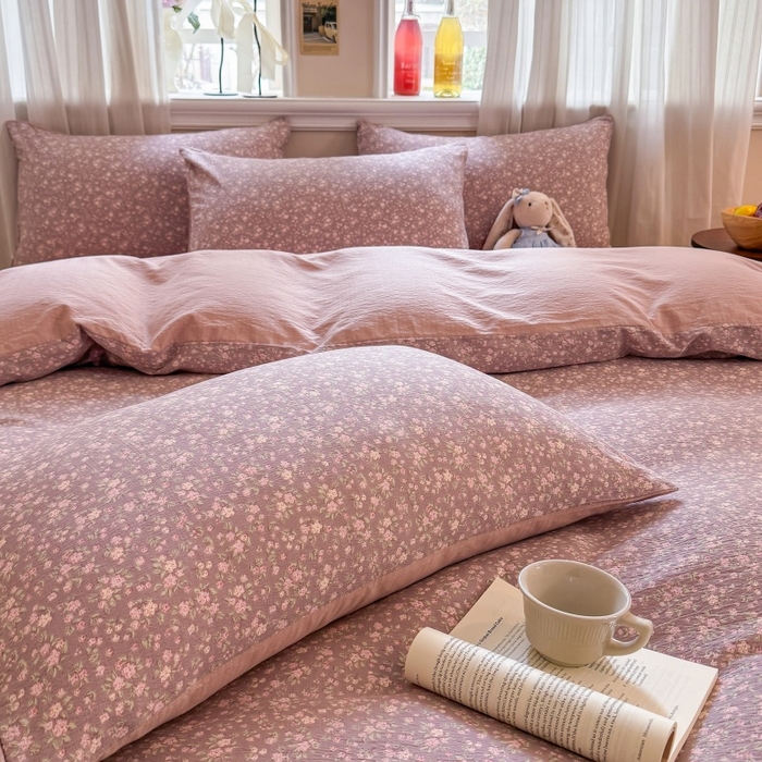 91家纺网 家纺一手货源 找家纺 鑫佳居 2026新款水洗针织提花双层纱四件套 暮色花町