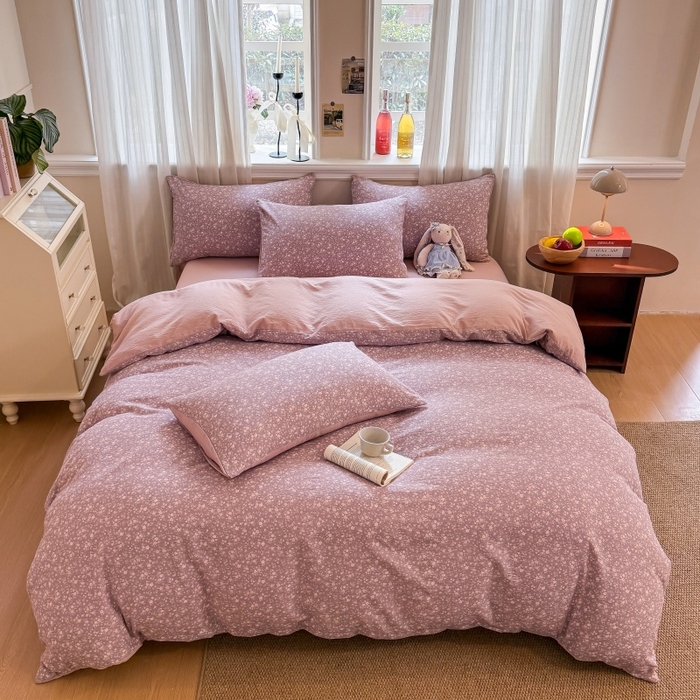 91家纺网 家纺一手货源 找家纺 鑫佳居 2026新款水洗针织提花双层纱四件套 暮色花町