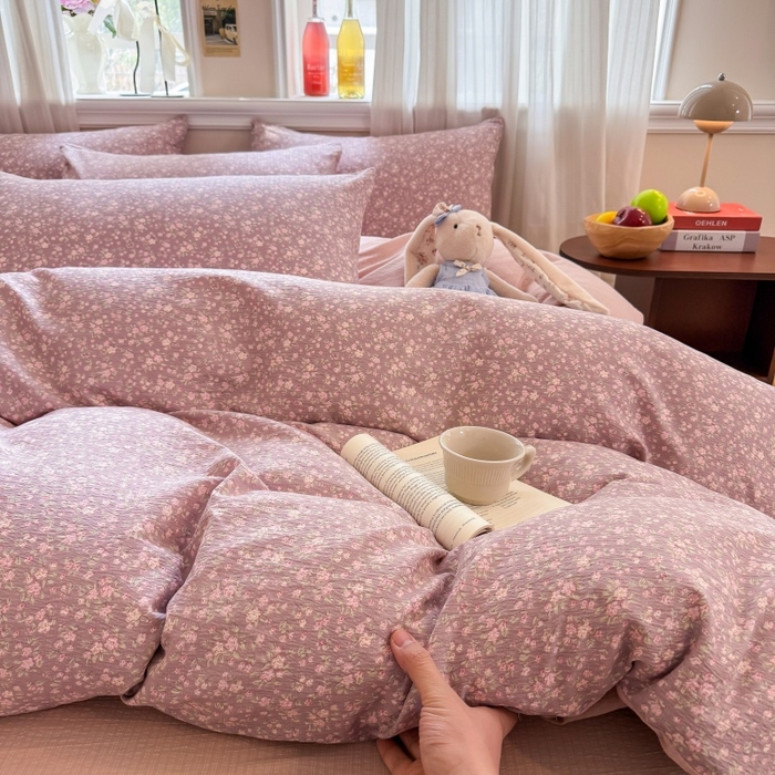 91家纺网 家纺一手货源 找家纺 鑫佳居 2026新款水洗针织提花双层纱四件套 暮色花町