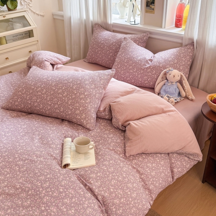 91家纺网 家纺一手货源 找家纺 鑫佳居 2026新款水洗针织提花双层纱四件套 暮色花町