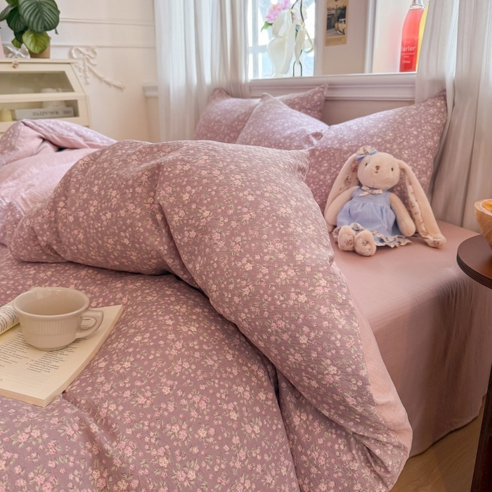 91家纺网 家纺一手货源 找家纺 鑫佳居 2026新款水洗针织提花双层纱四件套 暮色花町