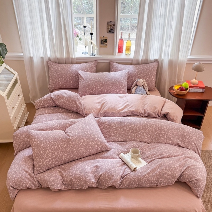 91家纺网 家纺一手货源 找家纺 鑫佳居 2026新款水洗针织提花双层纱四件套 暮色花町