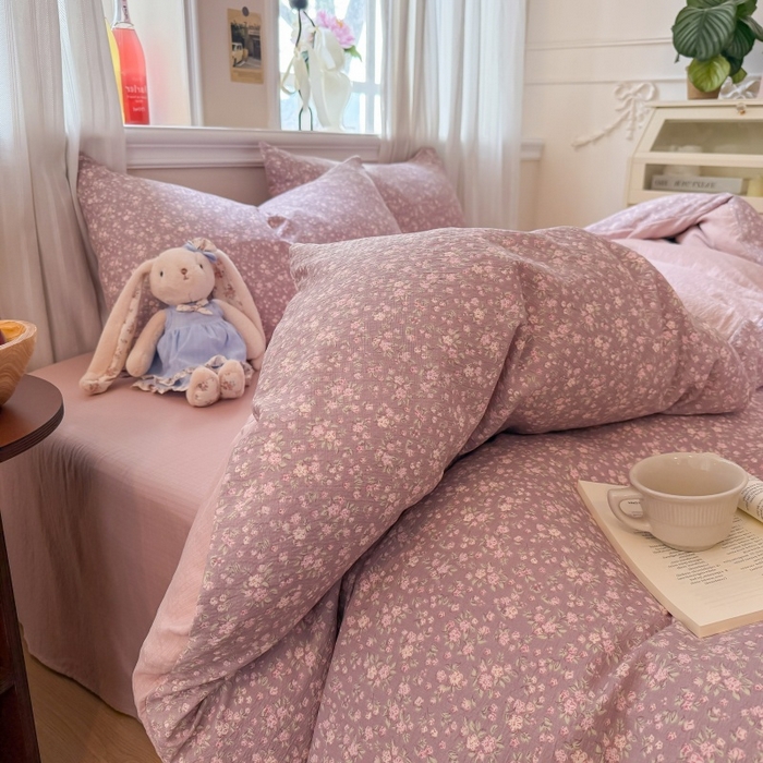 91家纺网 家纺一手货源 找家纺 鑫佳居 2026新款水洗针织提花双层纱四件套 暮色花町