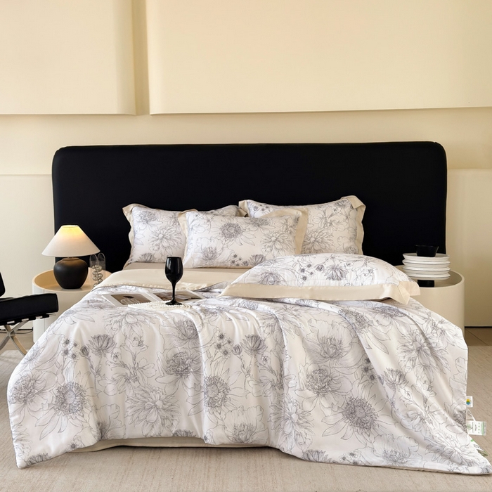 91家纺网 家纺一手货源 找家纺 玉相逢 2026春夏新款莱赛尔天丝夏被嵌绳款数码印花单夏被夏被四件套 墨染疏芳