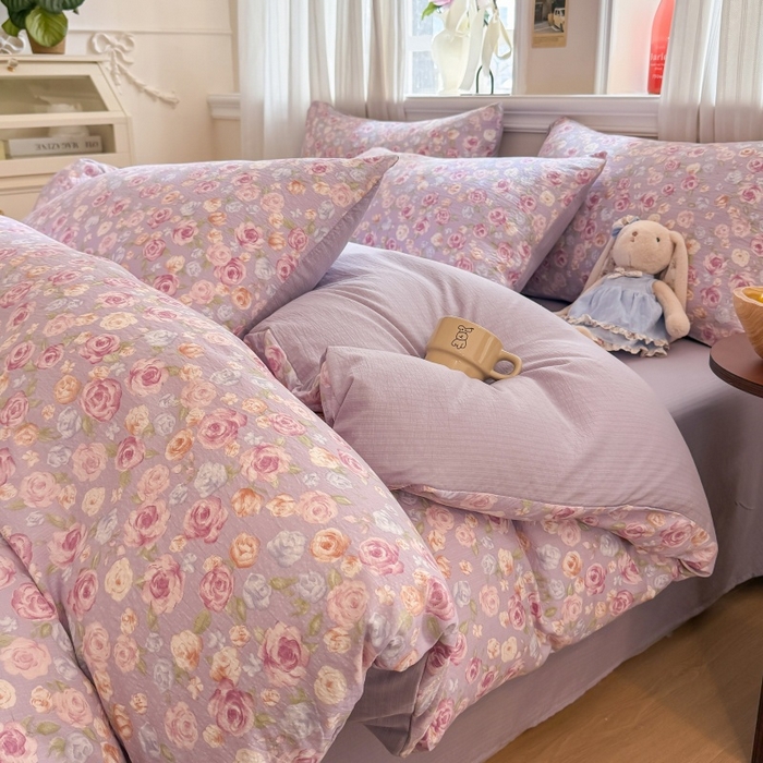 91家纺网 家纺一手货源 找家纺 鑫佳居 2026新款水洗针织提花双层纱四件套 十里桃花-紫