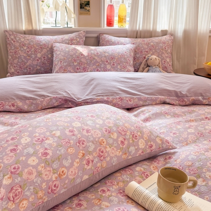 91家纺网 家纺一手货源 找家纺 鑫佳居 2026新款水洗针织提花双层纱四件套 十里桃花-紫