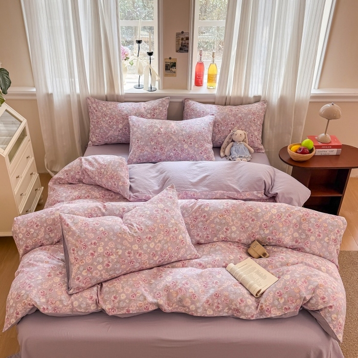 91家纺网 家纺一手货源 找家纺 鑫佳居 2026新款水洗针织提花双层纱四件套 十里桃花-紫