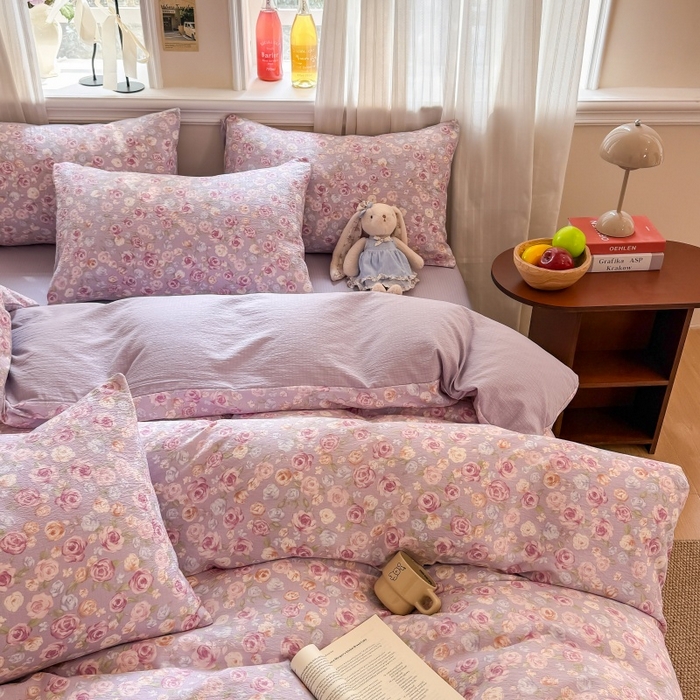 91家纺网 家纺一手货源 找家纺 鑫佳居 2026新款水洗针织提花双层纱四件套 十里桃花-紫