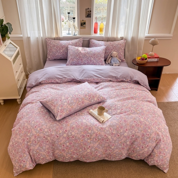 91家纺网 家纺一手货源 找家纺 鑫佳居 2026新款水洗针织提花双层纱四件套 十里桃花-紫