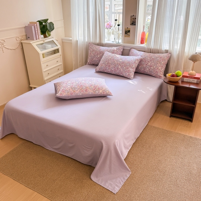 91家纺网 家纺一手货源 找家纺 鑫佳居 2026新款水洗针织提花双层纱四件套 十里桃花-紫