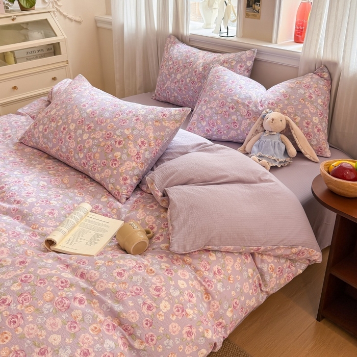 91家纺网 家纺一手货源 找家纺 鑫佳居 2026新款水洗针织提花双层纱四件套 十里桃花-紫