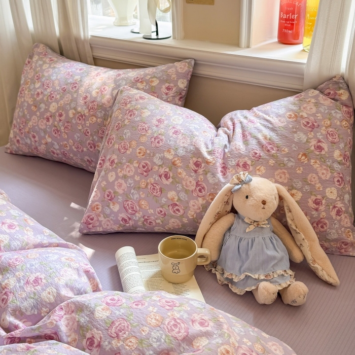 91家纺网 家纺一手货源 找家纺 鑫佳居 2026新款水洗针织提花双层纱四件套 十里桃花-紫