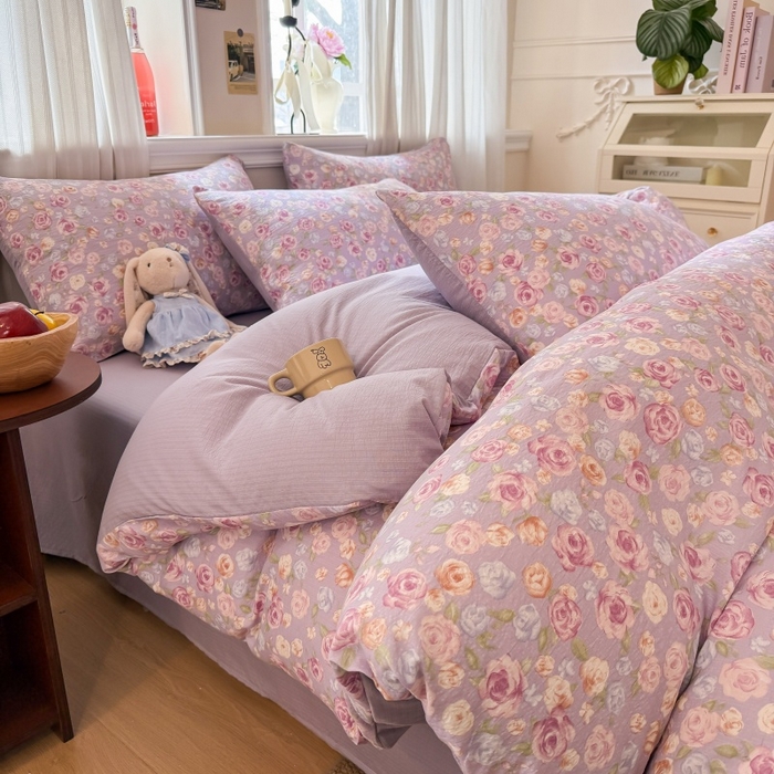 91家纺网 家纺一手货源 找家纺 鑫佳居 2026新款水洗针织提花双层纱四件套 十里桃花-紫