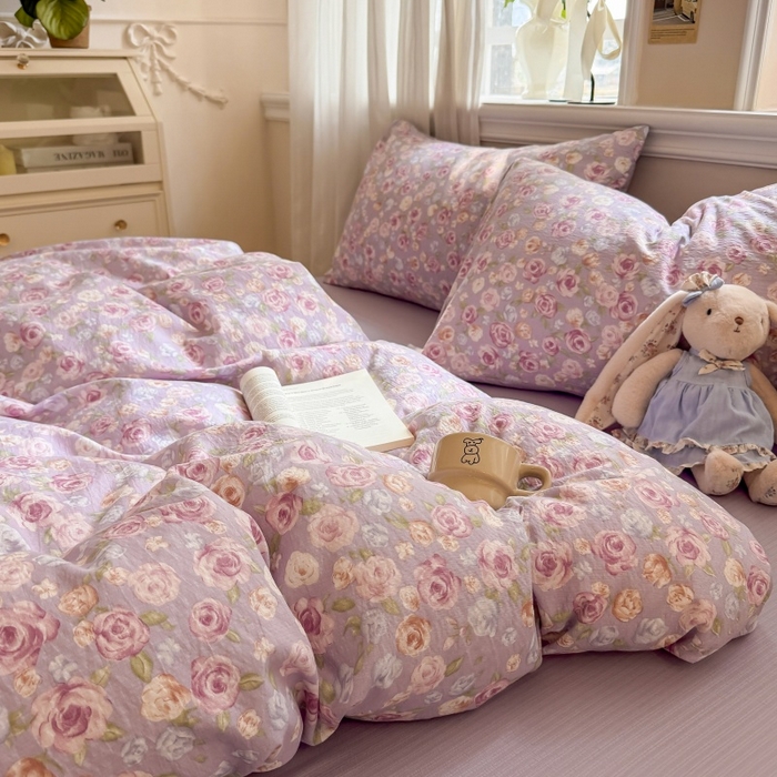 91家纺网 家纺一手货源 找家纺 鑫佳居 2026新款水洗针织提花双层纱四件套 十里桃花-紫