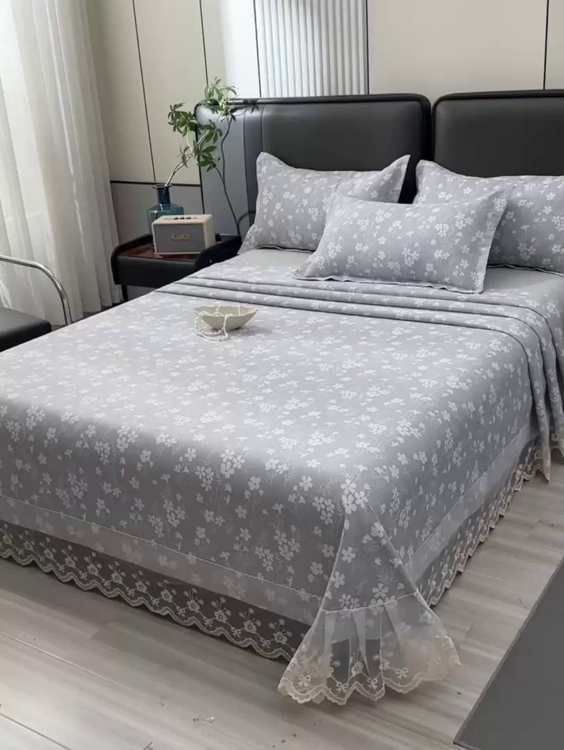 91家纺网 家纺一手货源 找家纺 星窝家纺 2026新款花边老粗布凉席三件套 沁风花巷