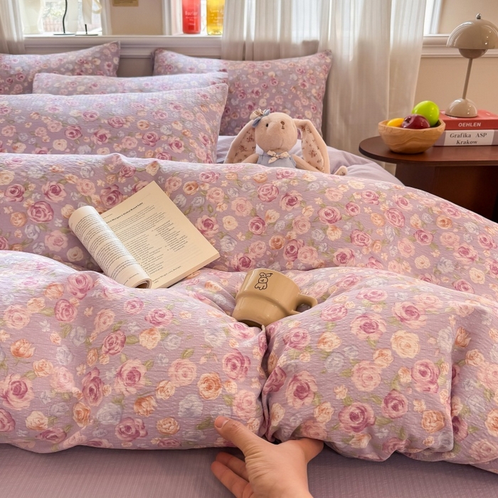 91家纺网 家纺一手货源 找家纺 鑫佳居 2026新款水洗针织提花双层纱四件套 十里桃花-紫