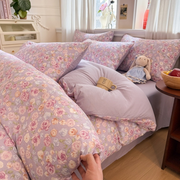 91家纺网 家纺一手货源 找家纺 鑫佳居 2026新款水洗针织提花双层纱四件套 十里桃花-紫