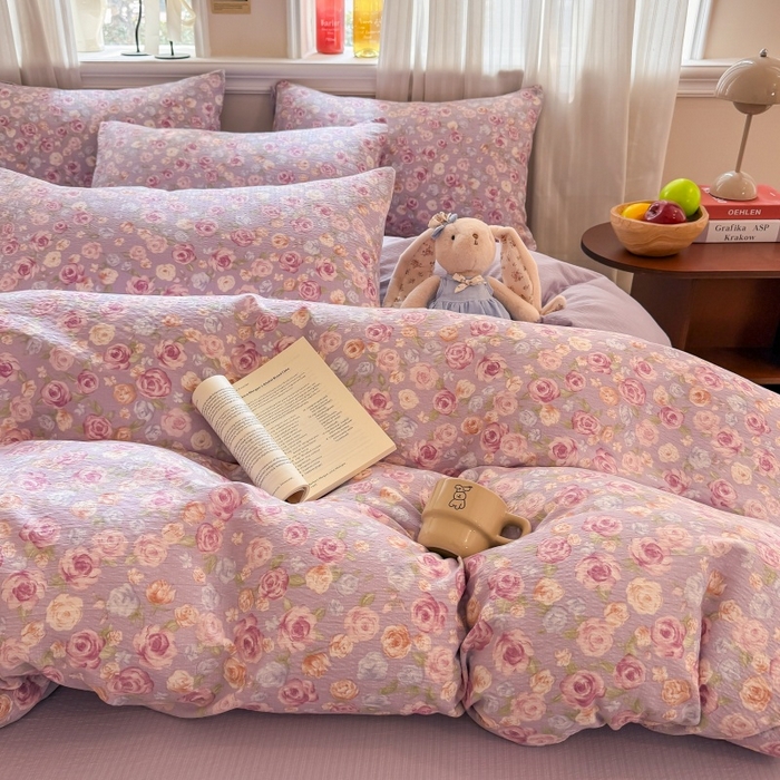 91家纺网 家纺一手货源 找家纺 鑫佳居 2026新款水洗针织提花双层纱四件套 十里桃花-紫