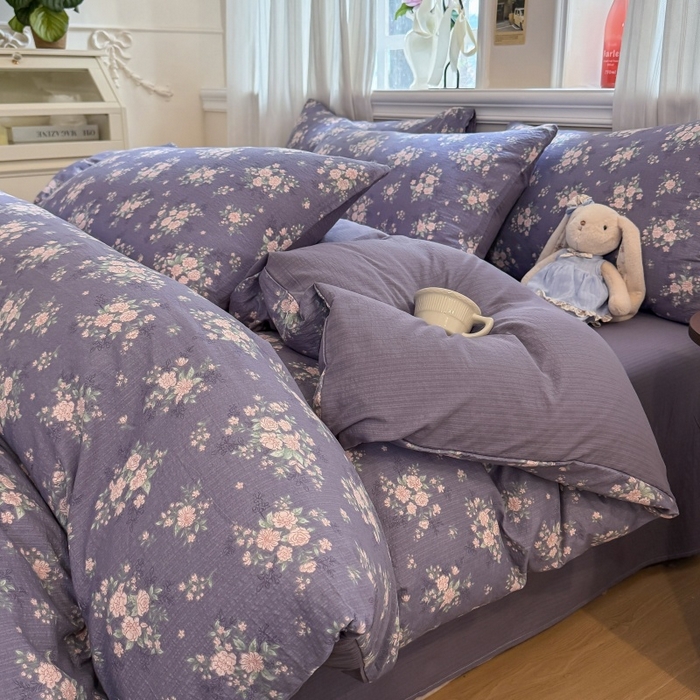 91家纺网 家纺一手货源 找家纺 鑫佳居 2026新款水洗针织提花双层纱四件套 紫夜玫瑰