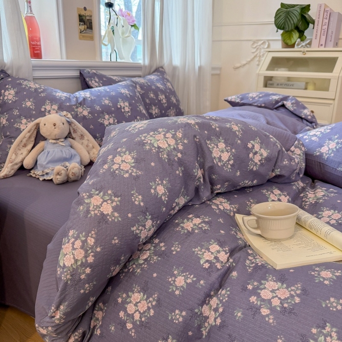 91家纺网 家纺一手货源 找家纺 鑫佳居 2026新款水洗针织提花双层纱四件套 紫夜玫瑰