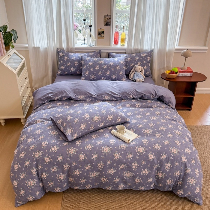 91家纺网 家纺一手货源 找家纺 鑫佳居 2026新款水洗针织提花双层纱四件套 紫夜玫瑰