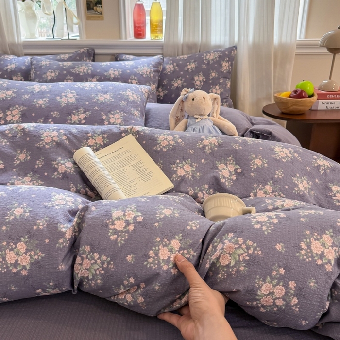 91家纺网 家纺一手货源 找家纺 鑫佳居 2026新款水洗针织提花双层纱四件套 紫夜玫瑰