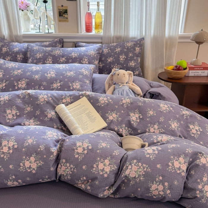 91家纺网 家纺一手货源 找家纺 鑫佳居 2026新款水洗针织提花双层纱四件套 紫夜玫瑰