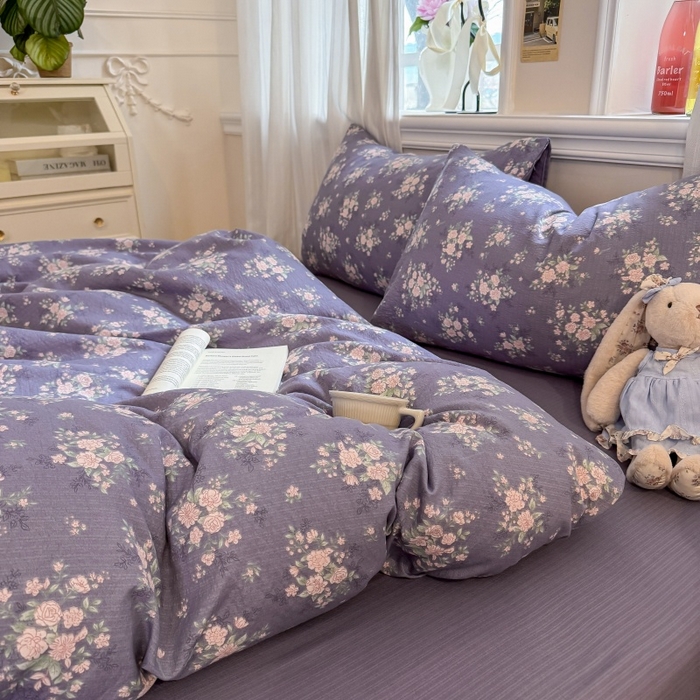 91家纺网 家纺一手货源 找家纺 鑫佳居 2026新款水洗针织提花双层纱四件套 紫夜玫瑰